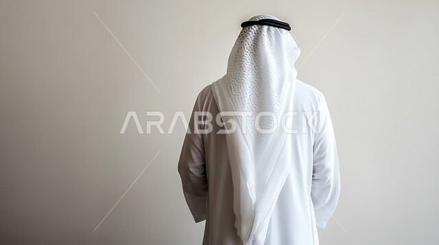 مفهوم الأناقة والرجولة العربية، صورة من الخلف لرجل عربي خليجي سعودي يرتدي الثوب التقليدي والغترة يقف باستقامة، الاعتناء والاهتمام بالمظهر الخارجي