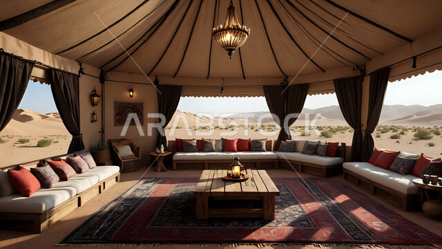 مجالس عربية تقليدية، كشتة و جلسة بر شبابية، التخييم في المناطق الطبيعية في المملكة العربية السعودية، خيمة بدوية شعبية وسط الرمال الذهبية في النهار، مخيمات سياحية في المناطق البرية