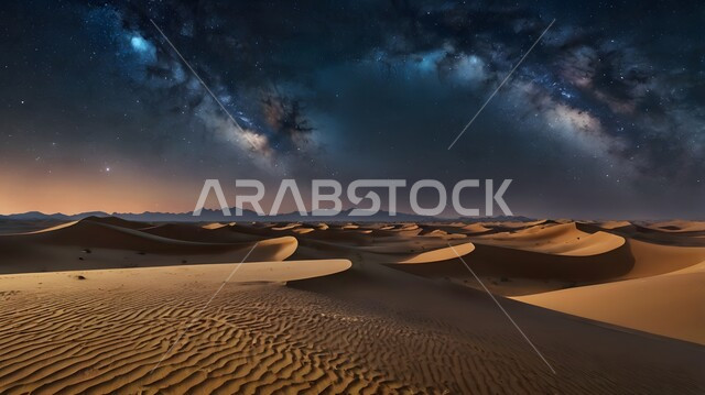 منظر لمجرة درب التبانة والنجوم اللامعة في سماء السعوديه, جبال ومرتفعات المملكة العربية السعودية في الليل، التضاريس والبيئة الصحراوية في الصحراء العربية، الكثبان الرملية الذهبية،  خلفية الطبيعة