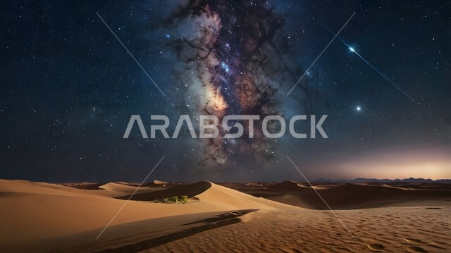 منظر لمجرة درب التبانة والنجوم اللامعة في سماء السعوديه, جبال ومرتفعات المملكة العربية السعودية في الليل، التضاريس والبيئة الصحراوية في الصحراء العربية، الكثبان الرملية الذهبية،  خلفية الطبيعة