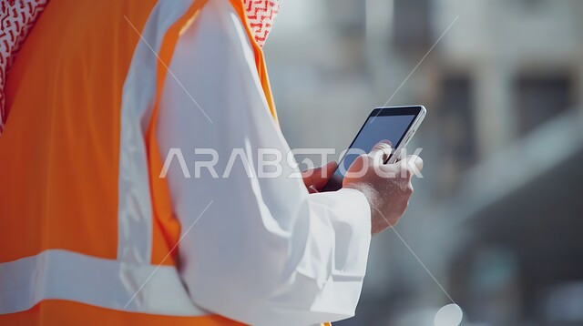Using modern technical devices, working in the engineering sector, managing engineering projects, a close-up photo from the back of a Saudi Arabian Gulf engineer wearing a protective vest holding a mobile phone in his hand, reconstruction by the hands of the sons of the homeland