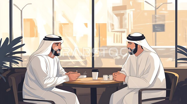 Having fun with friends, exchanging conversations and news, enjoying hot drinks in cafes, illustration of two Emirati Gulf Arab men wearing white kandura and ghutra sitting in cafe drinking coffee