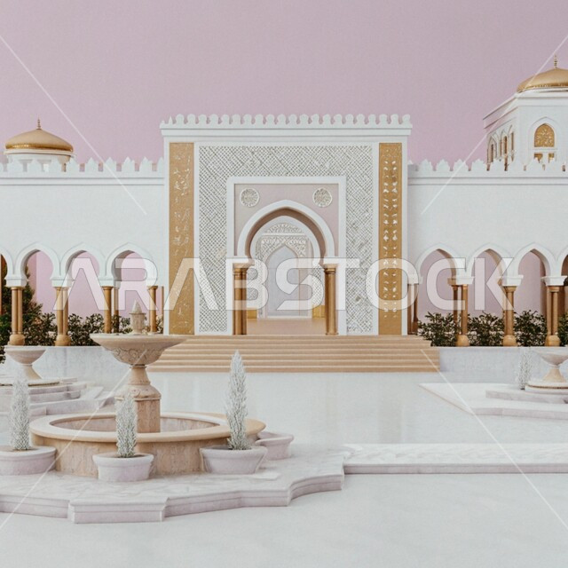 Ornate columns and arches, the architectural art of building mosques in the old Islamic style, the calm spiritual atmosphere, the concept of worship and getting closer to God Almighty, Islamic Arabic decorations