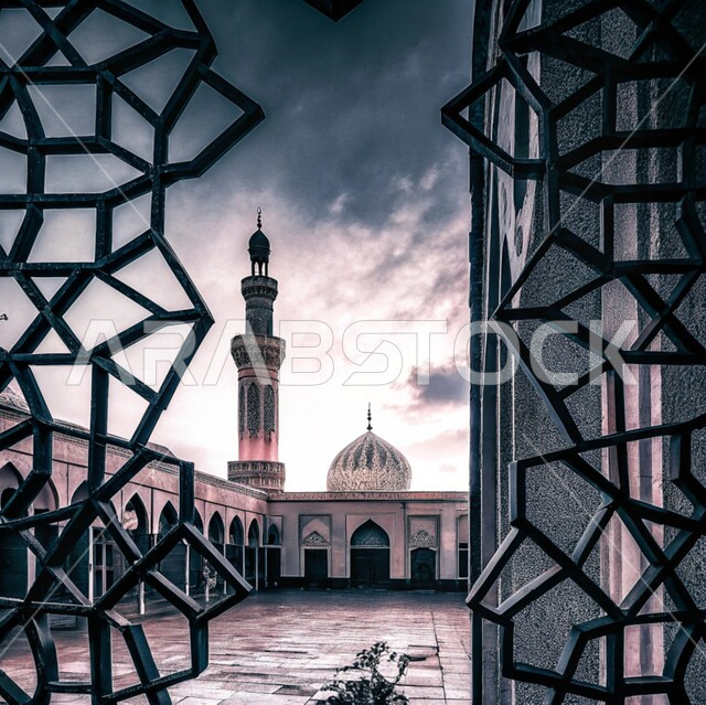 Islamic architectural art, elegant exterior designs and decorations of mosques in black and white in Saudi Arabia, engravings and decorations on the exterior walls, worship and getting closer to God in the holy month of Ramadan, background of a foggy sky full of clouds