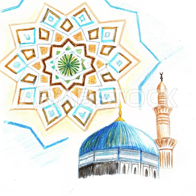 رسومات توضيحية ثلاثية الأبعاد لمسجد إسلامي، الفن الهندسي المعماري للقبب والمآذن على الطراز الحديث، نداء المسلمين لآداء الفرائض والصلوات، العبادة والتقرب إلى الله تعالى، خلفيه بيضاء