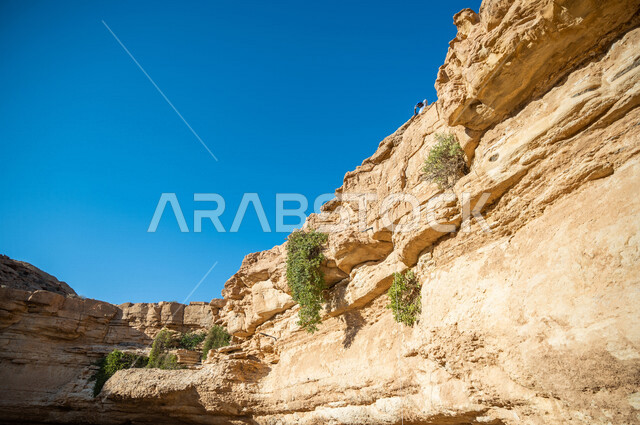 صورة لشاب عربي خليجي سعودي، ممارسة رياضة الهايكينج، تسلق الجبال الصخرية، حجارة وصخور جبلية، صحة ولياقة بدنية، استخدام الحبال في تسلق الجبال
