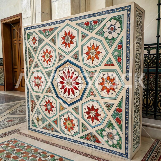 Traditional Arabic decorations engraved on the walls of a mosque, Islamic engravings and decorations, Arab-Islamic architectural art, elegant exterior designs and decorations of mosques in the Kingdom of Saudi Arabia, the concept of worship and drawing closer to God