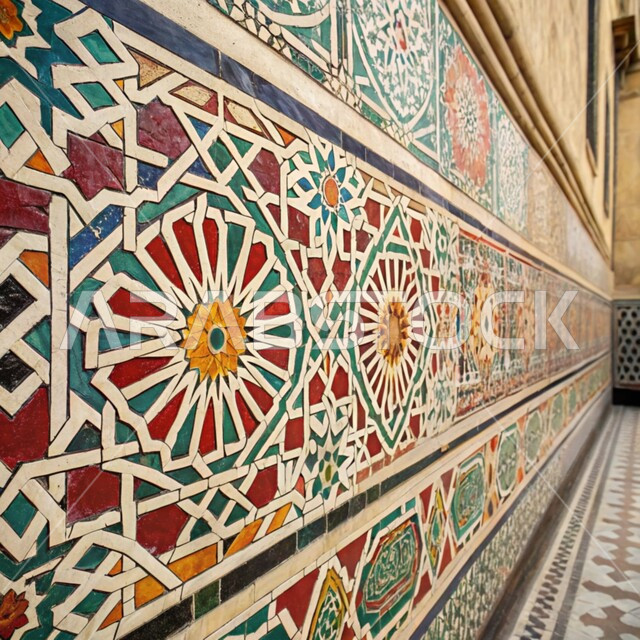 Traditional Arabic decorations engraved on the walls of a mosque, Islamic engravings and decorations, Arab-Islamic architectural art, elegant exterior designs and decorations of mosques in the Kingdom of Saudi Arabia, the concept of worship and drawing closer to God