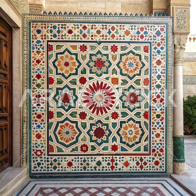 الديكورات الخارجية الانيقة للمساجد في المملكة العربية السعودية, تصاميم فنية مميزة , النقوش والزخرفات الإسلامية التقليدية الملونة على الجدران, الفن الهندسي المعماري على الطراز العربي الإسلامي