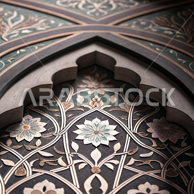 Arab Islamic architectural art, elegant exterior decorations of mosques in Saudi Arabia, distinctive artistic designs, colorful traditional Islamic engravings and decorations on the walls