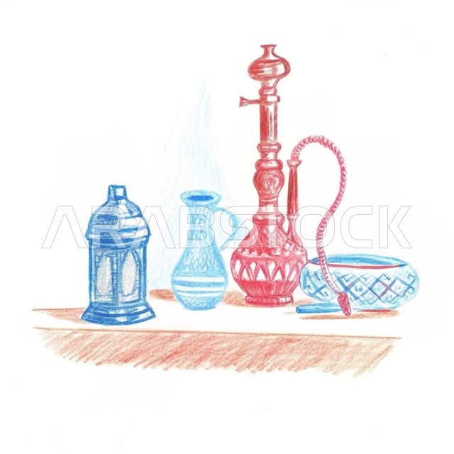 رسم توضيحي للأدوات النحاسية التقليدية, المعدات القديمة المصنوعة من النحاس, منتجات محلية وطنية,  أصالة وعراقة العادات والتقاليد في المملكة العربية السعودية, الحرف اليدوية التراثية, مهن وصناعات شعبية, خلفية بيضاء
