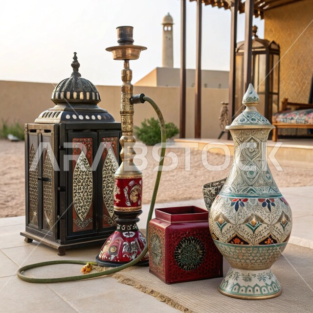 أصالة وعراقة العادات والتقاليد في المملكة العربية السعودية, الحرف اليدوية التراثية, مهن وصناعات شعبية, الأدوات النحاسية التقليدية, المعدات القديمة المصنوعة من النحاس, منتجات محلية وطنية, فانوس مزخرف وشيشة عربية