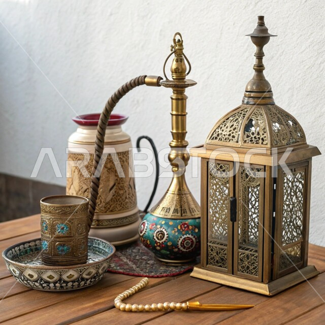 Old copper equipment, local national products, authenticity and antiquity of customs and traditions in the Kingdom of Saudi Arabia, heritage handicrafts, popular professions and industries, traditional copper tools, decorated lantern and Arabic hookah
