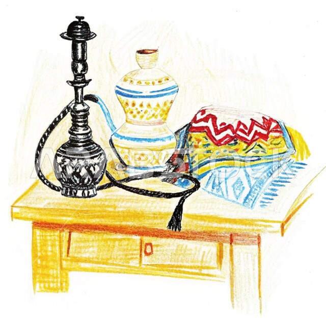 رسم توضيحي للأدوات النحاسية التقليدية, المعدات القديمة المصنوعة من النحاس, منتجات محلية وطنية,  أصالة وعراقة العادات والتقاليد في المملكة العربية السعودية, الحرف اليدوية التراثية, مهن وصناعات شعبية, خلفية بيضاء