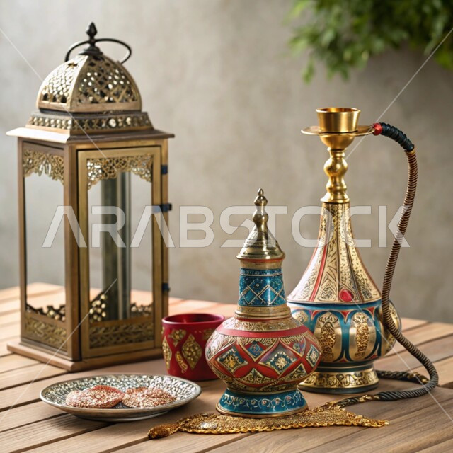 Authenticity and antiquity of customs and traditions in the Kingdom of Saudi Arabia, traditional handicrafts, popular professions and industries, traditional copper tools, old equipment made of copper, local national products, decorated lantern and Arabic hookah