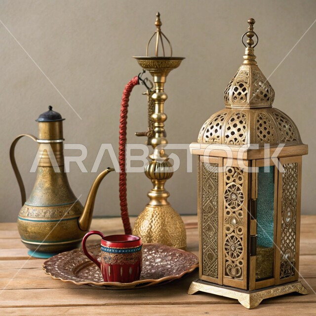 المعدات القديمة المصنوعة من النحاس, منتجات محلية وطنية, أصالة وعراقة العادات والتقاليد في المملكة العربية السعودية, الحرف اليدوية التراثية, مهن وصناعات شعبية, الأدوات النحاسية التقليدية, فانوس مزخرف وشيشة عربية