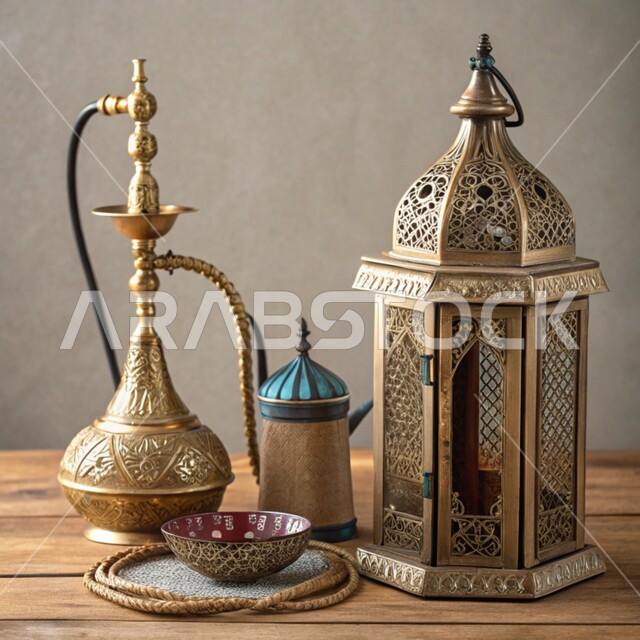 Old copper equipment, local national products, authenticity and antiquity of customs and traditions in the Kingdom of Saudi Arabia, heritage handicrafts, popular professions and industries, traditional copper tools, decorated lantern and Arabic hookah