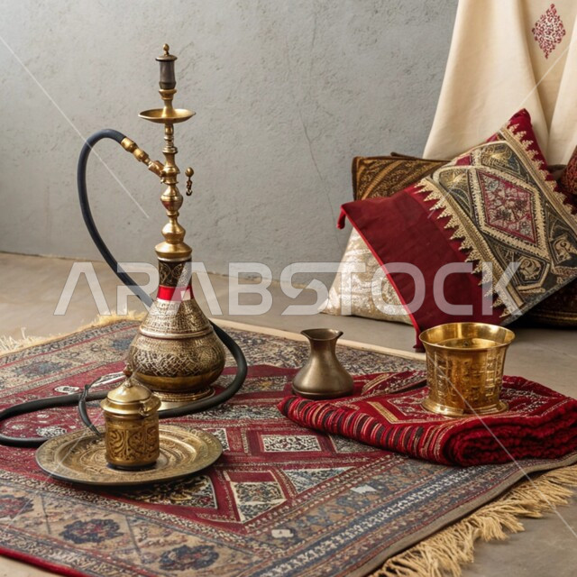 Authenticity and antiquity of customs and traditions in the Kingdom of Saudi Arabia, traditional handicrafts, popular professions and industries, traditional copper tools, old equipment made of copper, local national products, decorated lantern and Arabic hookah