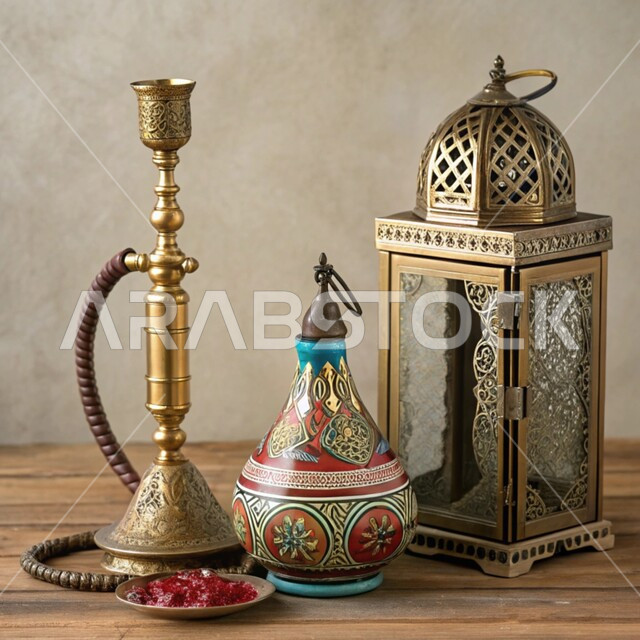 المعدات القديمة المصنوعة من النحاس, منتجات محلية وطنية, أصالة وعراقة العادات والتقاليد في المملكة العربية السعودية, الحرف اليدوية التراثية, مهن وصناعات شعبية, الأدوات النحاسية التقليدية, فانوس مزخرف وشيشة عربية