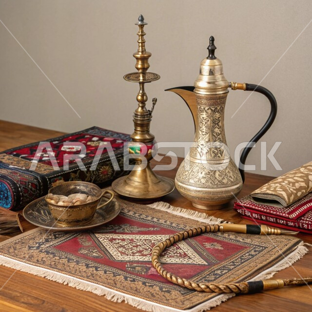 Traditional handicrafts, popular professions and industries, traditional copper tools, old copper equipment, local national products, authenticity and antiquity of customs and traditions in the Kingdom of Saudi Arabia, Arabic coffee pot and hookah