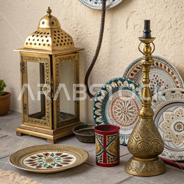 المعدات والأدوات النحاسية التقليدية القديمة المصنوعة من النحاس, منتجات محلية وطنية, أصالة وعراقة العادات والتقاليد في المملكة العربية السعودية, الحرف اليدوية التراثية, مهن وصناعات شعبية, فانوس مزخرف وشيشة عربية