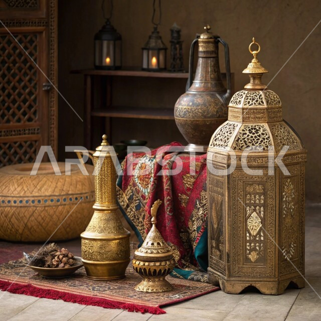 المعدات والأدوات النحاسية التقليدية القديمة المصنوعة من النحاس, منتجات محلية وطنية, أصالة وعراقة العادات والتقاليد في المملكة العربية السعودية, الحرف اليدوية التراثية, مهن وصناعات شعبية, فانوس مزخرف وشيشة عربية