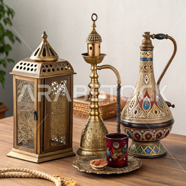 الحرف اليدوية التراثية, مهن وصناعات شعبية, الأدوات النحاسية التقليدية, المعدات القديمة المصنوعة من النحاس, منتجات محلية وطنية, أصالة وعراقة العادات والتقاليد في المملكة العربية السعودية, فانوس مزخرف وشيشة عربية