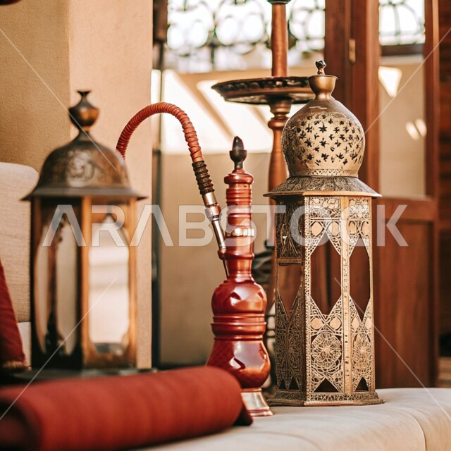 أصالة وعراقة العادات والتقاليد في المملكة العربية السعودية, الحرف اليدوية التراثية, مهن وصناعات شعبية, الأدوات النحاسية التقليدية, المعدات القديمة المصنوعة من النحاس, منتجات محلية وطنية, فانوس مزخرف وشيشة عربية