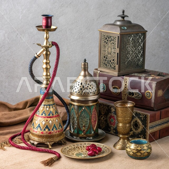 الأدوات النحاسية التقليدية, المعدات القديمة المصنوعة من النحاس, منتجات محلية وطنية,  أصالة وعراقة العادات والتقاليد في المملكة العربية السعودية, الحرف اليدوية التراثية, مهن وصناعات شعبية, فانوس مزخرف وشيشة عربية