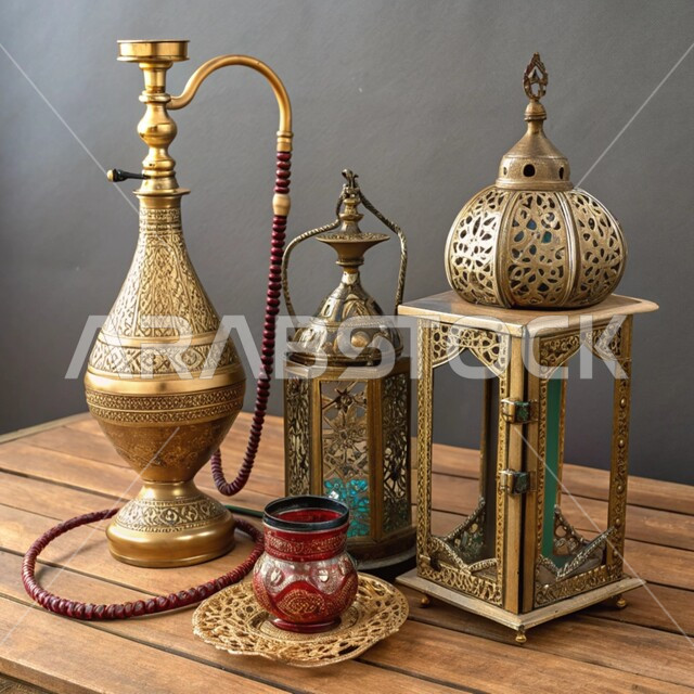 منتجات محلية وطنية, أصالة وعراقة العادات والتقاليد في المملكة العربية السعودية, مصنوعات ومعدات نحاسية شعبية تقليدية, الحرف والصناعات اليدوية التراثية, فانوس مزخرف وشيشة عربية