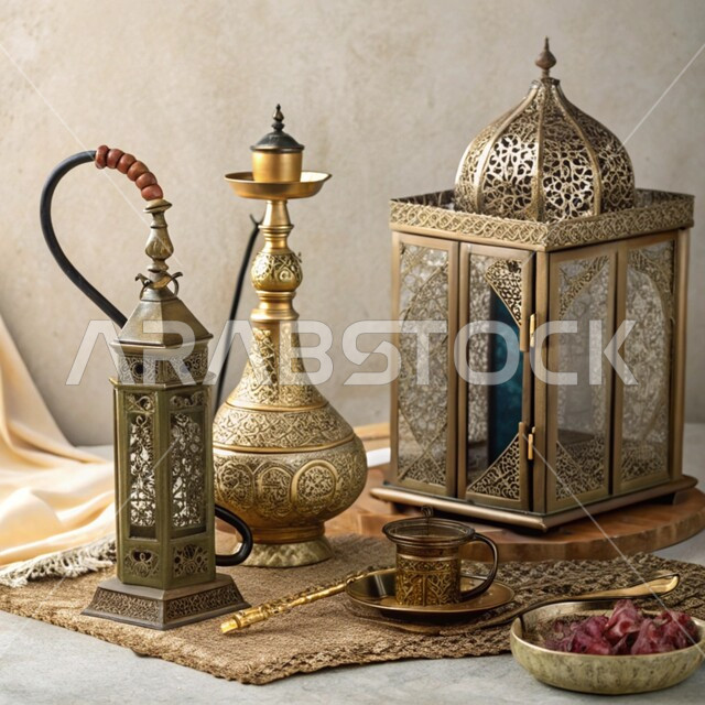 الحرف والصناعات اليدوية التراثية, منتجات محلية وطنية, أصالة وعراقة العادات والتقاليد في المملكة العربية السعودية, مصنوعات ومعدات نحاسية شعبية تقليدية, فانوس مزخرف وشيشة عربية