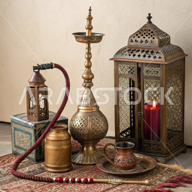 مصنوعات ومعدات نحاسية شعبية, الحرف والصناعات اليدوية التراثية, منتجات محلية وطنية,  أصالة وعراقة العادات والتقاليد في المملكة العربية السعودية, الأدوات العربية تقليدية, فانوس مزخرف وشيشة عربية