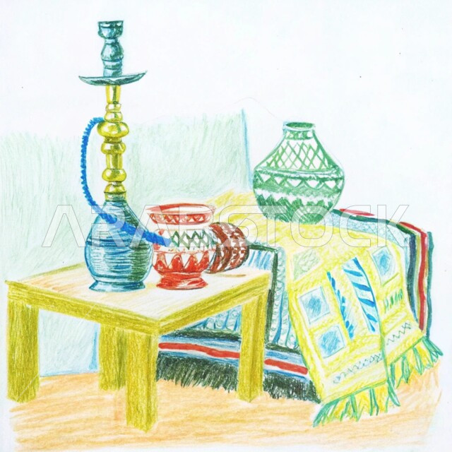 رسم توضيحي للأدوات العربية تقليدية, مصنوعات ومعدات نحاسية شعبية, الحرف والصناعات اليدوية التراثية, منتجات محلية وطنية,  أصالة وعراقة العادات والتقاليد في المملكة العربية السعودية