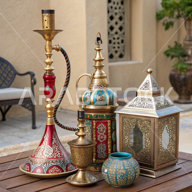 الأدوات العربية تقليدية, مصنوعات ومعدات نحاسية شعبية, الحرف والصناعات اليدوية التراثية, منتجات محلية وطنية,  أصالة وعراقة العادات والتقاليد في المملكة العربية السعودية, فانوس مزخرف وشيشة عربية