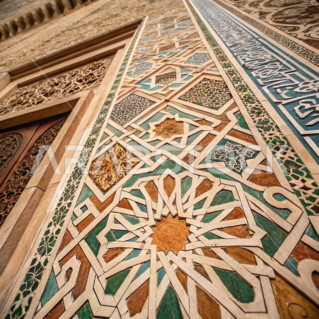 Distinctive artistic designs, colorful traditional Islamic engravings and decorations on the walls, elegant decorations for mosques in the Kingdom of Saudi Arabia, architectural engineering art in the Arabic style Islamic