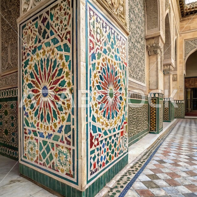 Traditional colorful Islamic engravings and decorations on the walls, elegant decorations for mosques in the Kingdom of Saudi Arabia, distinctive artistic designs, architectural engineering art in the Arabic style Islamic