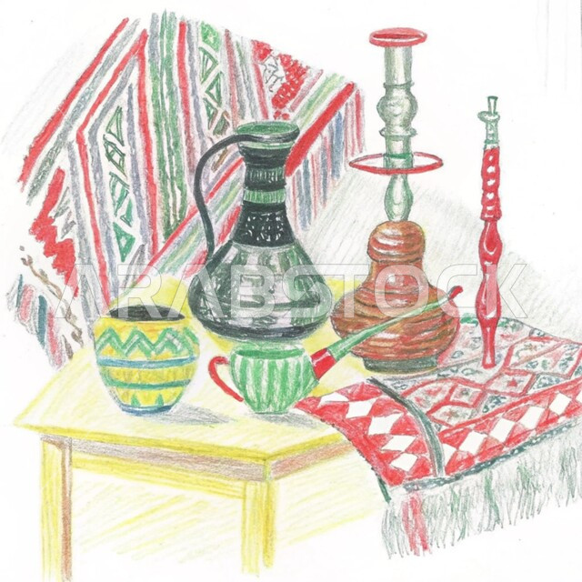الحرف والصناعات اليدوية التراثية, مصنوعات ومعدات نحاسية شعبية, رسم توضيحي للأدوات العربية تقليدية المصنوعة من النحاس, منتجات محلية وطنية,  أصالة وعراقة العادات والتقاليد في المملكة العربية السعودية