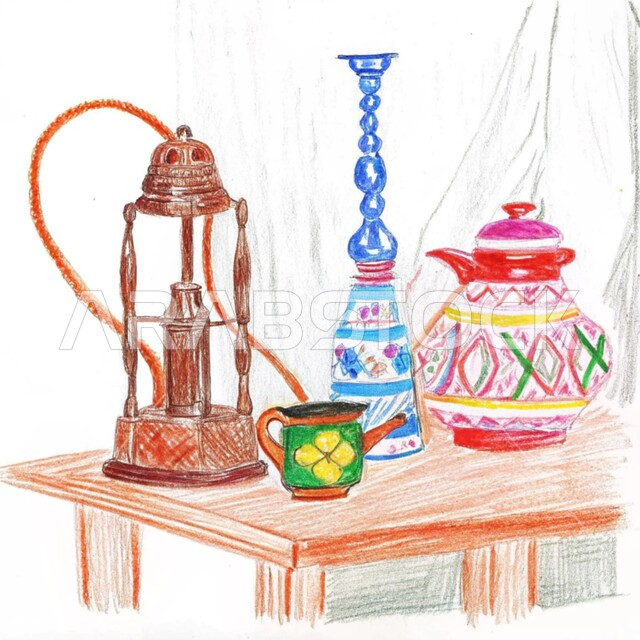 مصنوعات ومعدات نحاسية شعبية, رسم توضيحي للأدوات العربية تقليدية المصنوعة من النحاس, الحرف والصناعات اليدوية التراثية, منتجات محلية وطنية,  أصالة وعراقة العادات والتقاليد في المملكة العربية السعودية