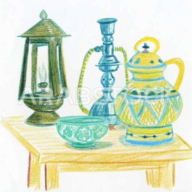رسم توضيحي للأدوات العربية تقليدية المصنوعة من النحاس, مصنوعات ومعدات نحاسية شعبية, الحرف والصناعات اليدوية التراثية, منتجات محلية وطنية,  أصالة وعراقة العادات والتقاليد في المملكة العربية السعودية