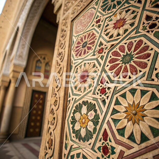 Traditional colorful Islamic decorations and engravings on the walls, elegant decorations for mosques in the Kingdom of Saudi Arabia, distinctive artistic designs, architectural engineering art in the Arab style Islamic