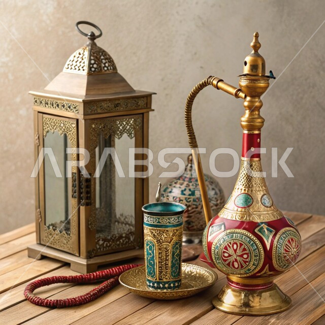 أصالة وعراقة العادات والتقاليد في المملكة العربية السعودية, الحرف والصناعات اليدوية التراثية, مصنوعات ومعدات نحاسية شعبية, منتجات محلية وطنية, الأدوات العربية تقليدية المصنوعة من النحاس, فانوس مزخرف وشيشة عربية