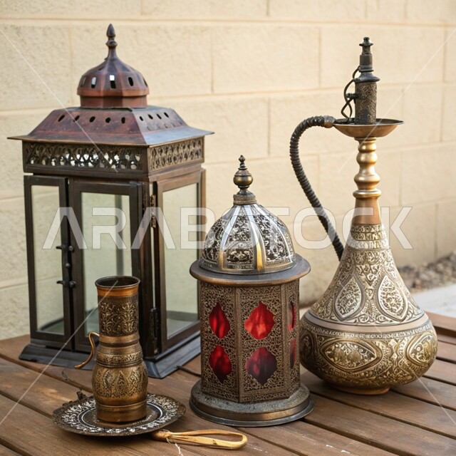 أصالة وعراقة العادات والتقاليد في المملكة العربية السعودية, الحرف والصناعات اليدوية التراثية, مصنوعات ومعدات نحاسية شعبية, منتجات محلية وطنية, الأدوات العربية تقليدية المصنوعة من النحاس, فانوس مزخرف وشيشة عربية