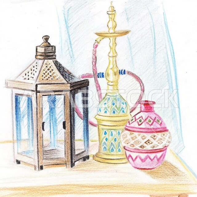 منتجات محلية وطنية, رسم توضيحي للأدوات العربية تقليدية المصنوعة من النحاس, أصالة وعراقة العادات والتقاليد في المملكة العربية السعودية, الحرف والصناعات اليدوية التراثية, مصنوعات ومعدات نحاسية شعبية