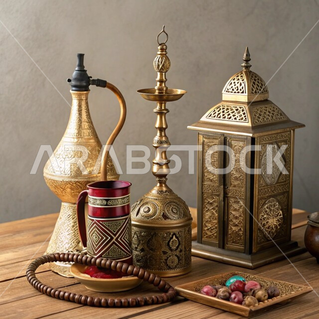 مصنوعات ومعدات نحاسية شعبية, الحرف والصناعات اليدوية التراثية, أصالة وعراقة العادات والتقاليد في المملكة العربية السعودية, منتجات محلية وطنية, الأدوات التقليدية المصنوعة من النحاس, فانوس مزخرف وشيشة عربية