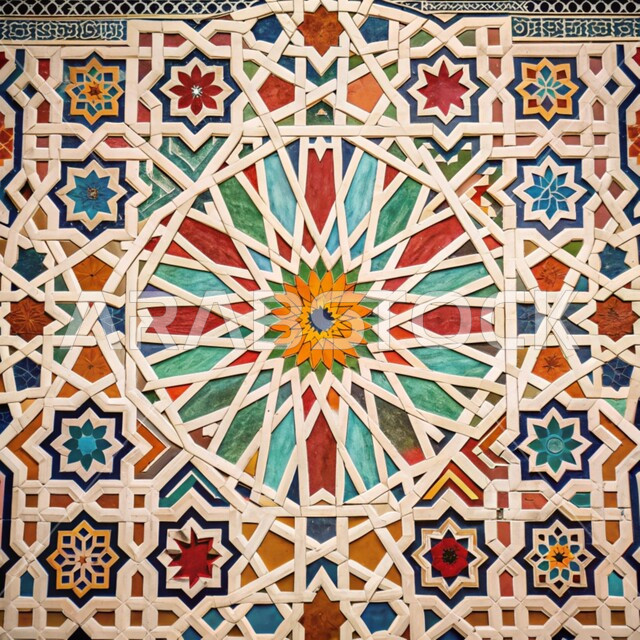 Traditional colorful Islamic engravings and decorations on the walls, distinctive artistic designs, architectural engineering art in the Arab Islamic style, elegant decorations for mosques in the Kingdom of Saudi Arabia Saudi Arabia