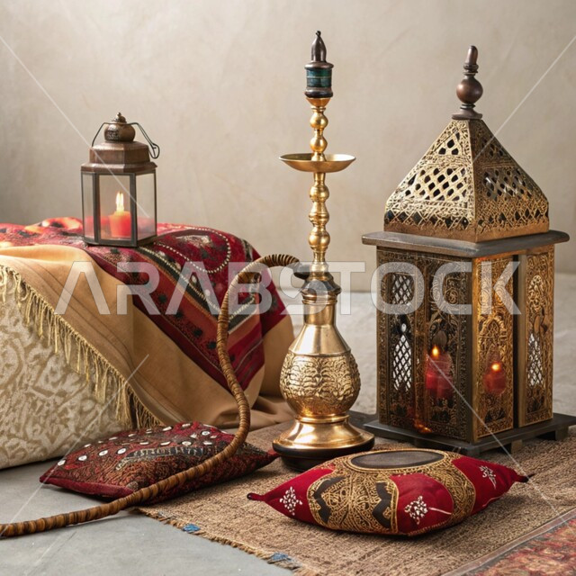 فانوس معدني مزخرف وشيشة عربية, الحرف اليدوية التراثية, مهن وصناعات شعبية, الأدوات النحاسية التقليدية, المعدات القديمة المصنوعة من النحاس, منتجات محلية وطنية, أصالة وعراقة العادات والتقاليد في المملكة العربية السعودية