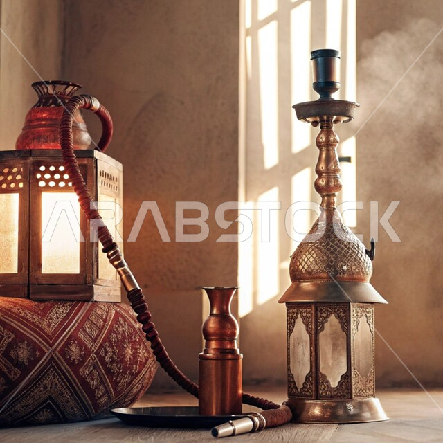 فانوس معدني مزخرف وشيشة عربية, الحرف اليدوية التراثية, مهن وصناعات شعبية, الأدوات النحاسية التقليدية, المعدات القديمة المصنوعة من النحاس, منتجات محلية وطنية, أصالة وعراقة العادات والتقاليد في المملكة العربية السعودية