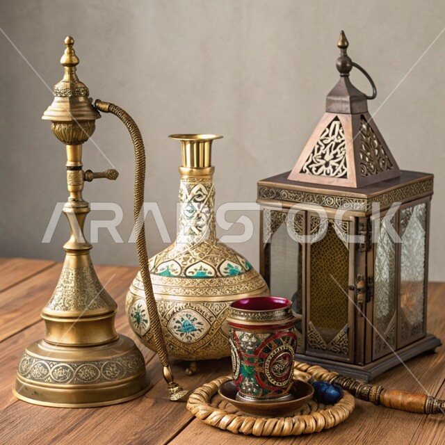 فانوس معدني مزخرف وشيشة عربية, الحرف اليدوية التراثية, مهن وصناعات شعبية, الأدوات النحاسية التقليدية, المعدات القديمة المصنوعة من النحاس, منتجات محلية وطنية, أصالة وعراقة العادات والتقاليد في المملكة العربية السعودية