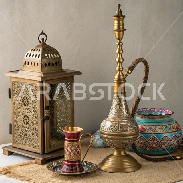 فانوس معدني مزخرف وشيشة عربية, الحرف اليدوية التراثية, مهن وصناعات شعبية, الأدوات النحاسية التقليدية, المعدات القديمة المصنوعة من النحاس, منتجات محلية وطنية, أصالة وعراقة العادات والتقاليد في المملكة العربية السعودية