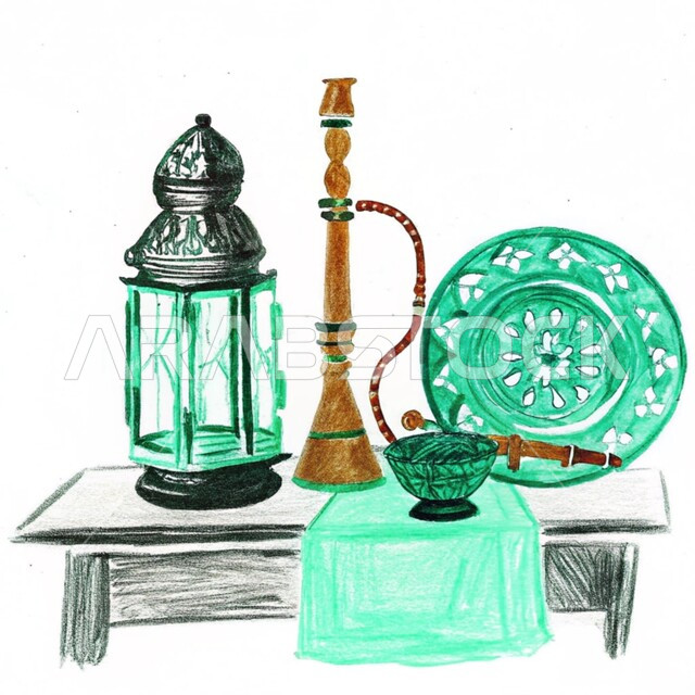 رسم توضيحي لفانوس معدني مزخرف وشيشة عربية, الحرف اليدوية التراثية, مهن وصناعات شعبية, الأدوات النحاسية التقليدية, المعدات القديمة المصنوعة من النحاس, منتجات محلية وطنية, أصالة وعراقة العادات والتقاليد في المملكة العربية السعودية, خلفية بيضاء